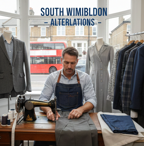 Expert tailor providing clothing alteration services at The Big Wash South Wimbledon, working on vintage sewing machine with suit jackets on display forms and fabric materials in storefront workshop